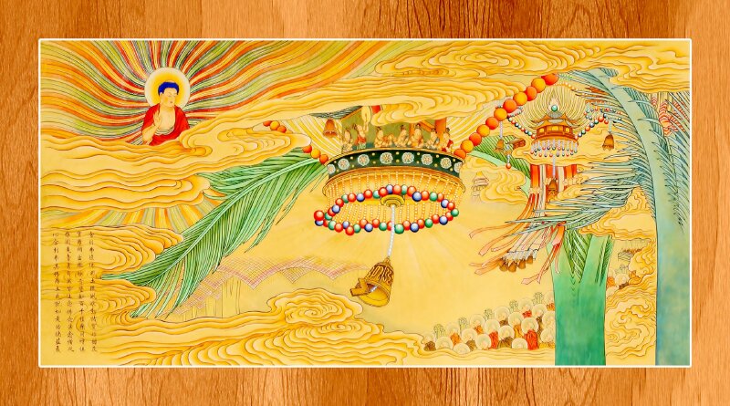 ình ảnh Kinh A Di Đà: các hàng cây báu và động mành lưới báu, làm vang ra tiếng vi diệu