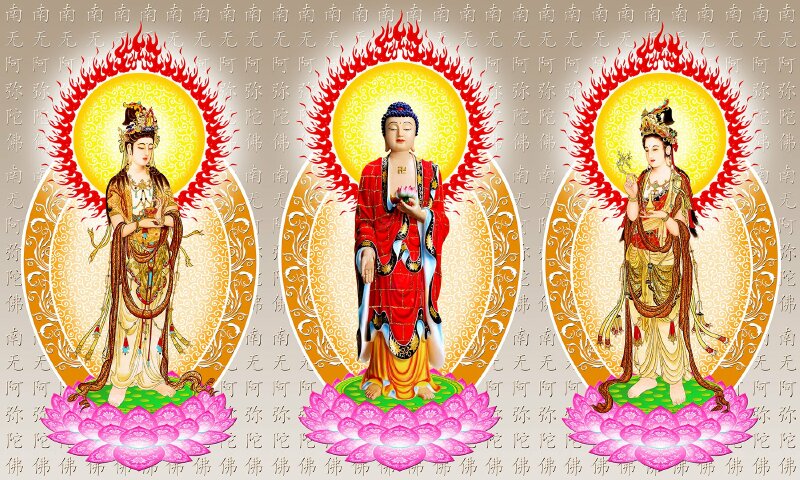 Hình ảnh Tây Phương Tam Thánh trang nghiêm, thanh tịnh trên nền màu vàng nâu, có chữ Hán.