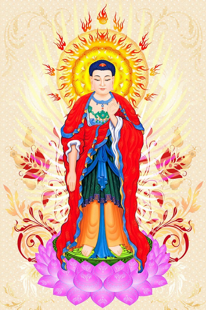Hình Phật A Di Đà phóng hào quang thanh tịnh toả sáng tận cùng mười phương pháp giới.