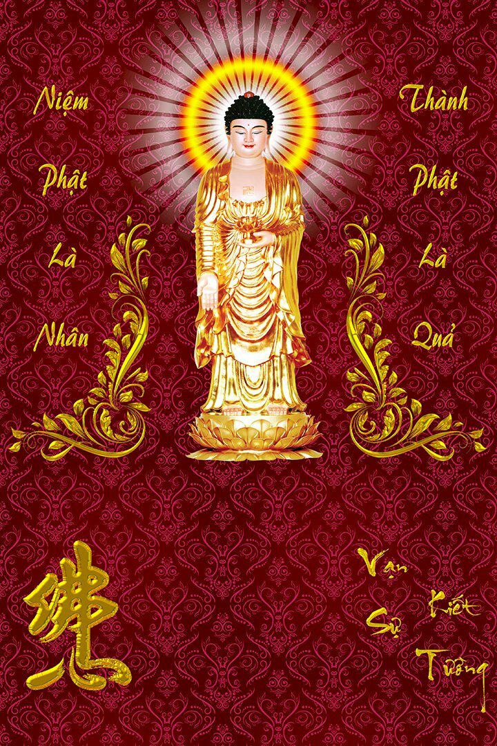 Mẫu bìa lịch Bloc Phật giáo hình Phật A Di Đà đẹp nhất, trên nền hoa văn đỏ, hai bên có dòng chữ: