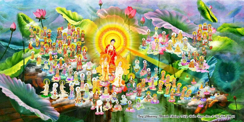 Tranh Tây Phương Thánh Chúng tiếp dẫn người niệm Phật về Cực lạc Tịnh Độ đẹp nhất trên nền hoa lá sen. 