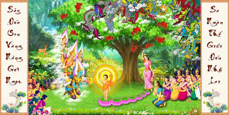 Ảnh nền Đức Phật Đản Sanh bước đi 7 bước ở vườn Lâm Tỳ Ni, có 9 con rồng bay xuống, các thần xuống săn sóc, xung quanh mọi người chắp tay chúc mừng