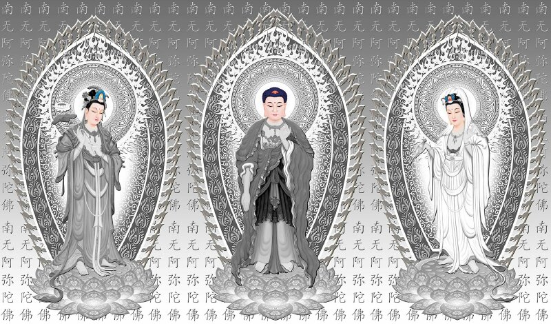 Hình ảnh Phật màu đen trắng Tây Phương Tam Thánh gồm 3 vị Phật: ở vị trí trung tâm là Đức Phật A Di Đà, tháp tùng phía bên trái là Bồ Tát Quán Thế  m, Tháp tùng bên phải là Bồ Tát Đại Thế Chí. 