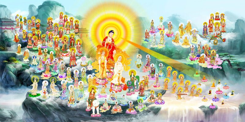 Hình ảnh Tây Phương Tiếp Dẫn về Tây Phương Cực Lạc giữa nền phong cảnh sơn thủy hữu tình.