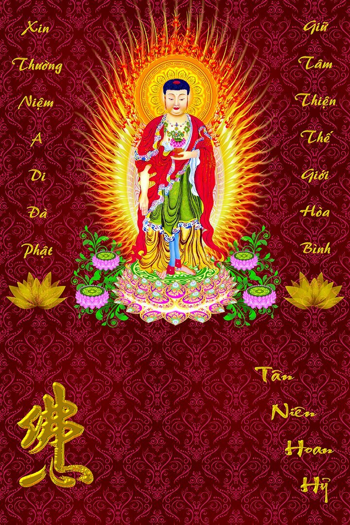 Mẫu hình bìa lịch Bloc Phật giáo hình Phật A Di Đà phát hào quang sáng ngời trên nền hoa văn đỏ, hai bên có dòng chữ: