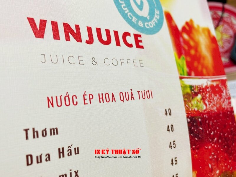 In tờ menu gắn standee mica để bàn khổ A4, A3 quán juice & coffee - INKTS1128