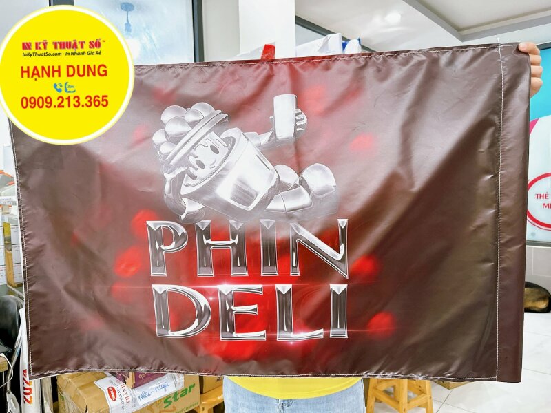 Lá cờ in logo công ty khổ 60x90cm, in lá cờ vải Silk mực dầu bóng, chừa biên xỏ cây - INKTS1079