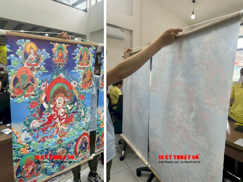 Tranh Mật Tông Thangka 7 vị Tara 40x65.5cm chất liệu Canvas dầu mờ gắn nẹp gỗ - INKTS1043