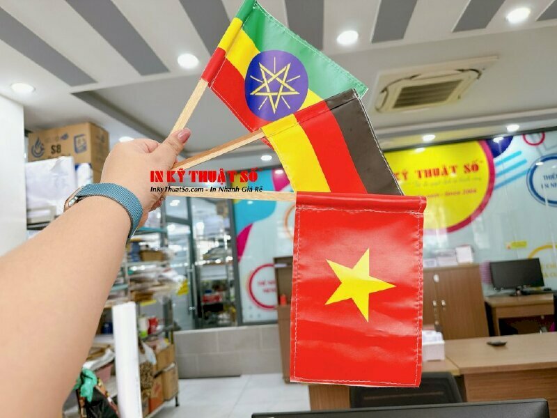 In cờ cầm tay sự kiện, cờ nhỏ cầm tay in mực dầu bóng bằng công nghệ in phun kỹ thuật số