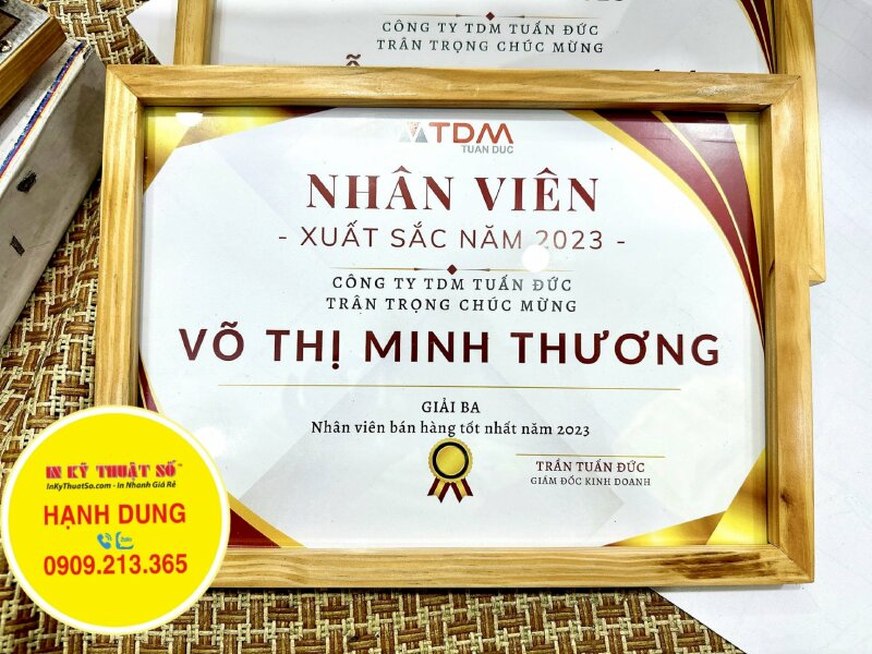 In bằng khen nhân viên bán hàng tốt nhất năm, giấy khen lồng sẵn khung gỗ mặt kính - INKTS1148