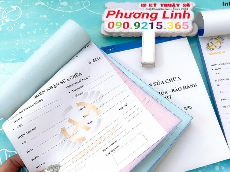 In biểu mẫu 3 liên giấy Carbonless 3 màu, đánh số nhảy làm quyển biên nhận sửa chữa đồng hồ - INKTS1207