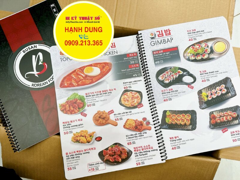 In menu Busan Korean Food đa ngữ Việt - Hàn - Anh - phiên âm - INKTS246