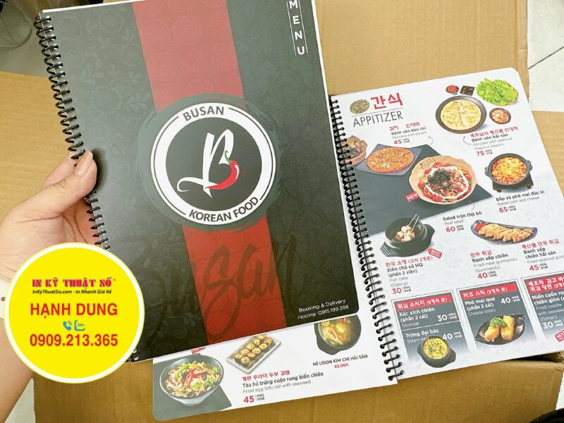 In menu Busan Korean Food đa ngữ Việt - Hàn - Anh - phiên âm - INKTS246