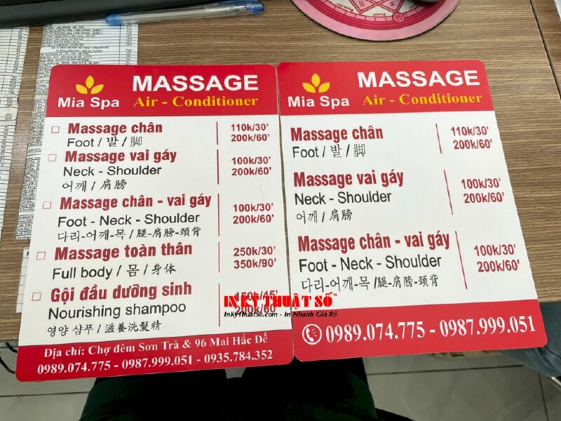 In menu Spa Massage tiếng Việt - tiếng Anh - tiếng Hàn - tiếng Trung, menu nhựa cứng dạng tấm cầm tay - INKTS1186
