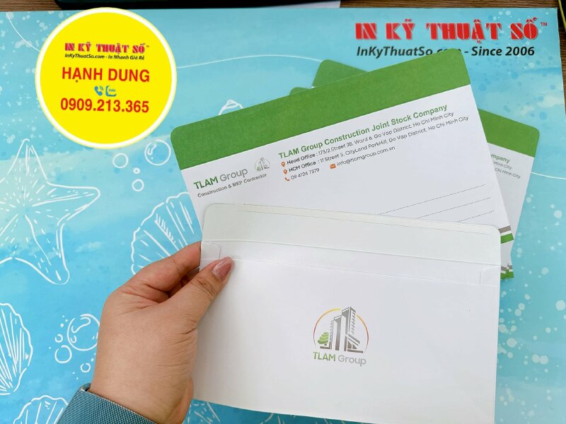 In phong bì 12x22 cm, làm phong bì công ty size nhỏ cho công ty xây dựng, giấy Fort 120gsm, có keo nắp - INKTS1212