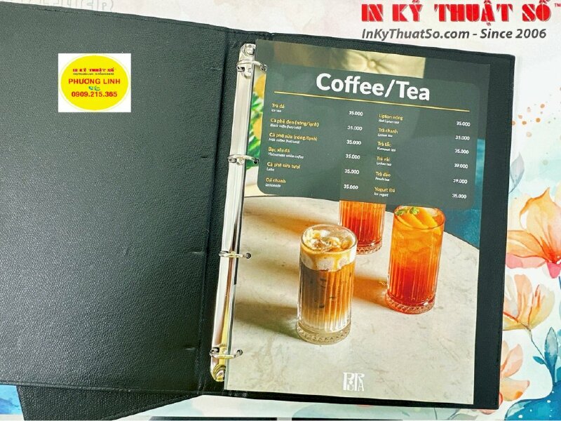 In ruột menu giấy C300gsm bồi 2 lớp, cán mờ 2 mặt, dập lỗ tròn, gắn bìa da khách đưa - INKTS1158