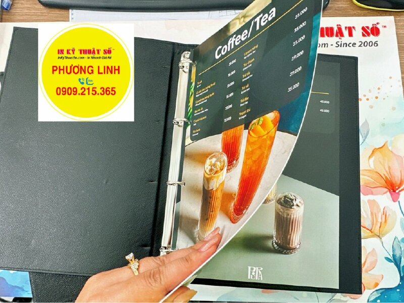 In ruột menu giấy C300gsm bồi 2 lớp, cán mờ 2 mặt, dập lỗ tròn, gắn bìa da khách đưa - INKTS1158