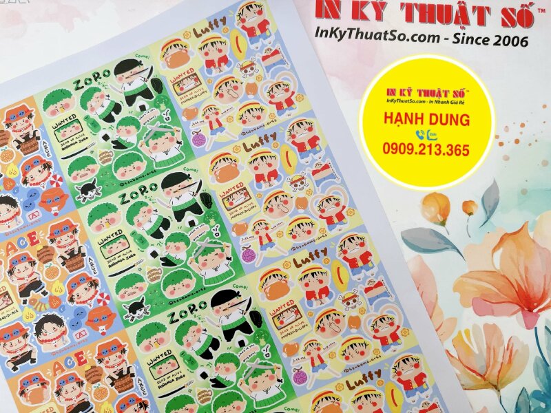 In sticker chibi One Piece Luffy Zoro Ace, nhãn dán Decal sữa, mực dầu, cán mờ, có bế - INKTS1196