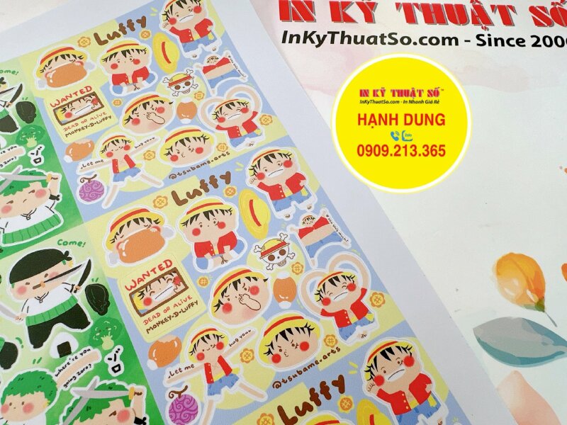 In sticker chibi One Piece Luffy Zoro Ace, nhãn dán Decal sữa, mực dầu, cán mờ, có bế - INKTS1196