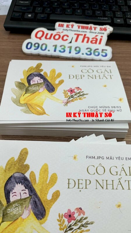 In thiệp 8-3, in 1 mặt giấy mỹ thuật vân mây, có hàng trong ngày