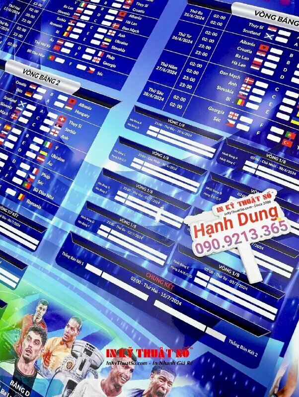 Lịch thi đấu bóng đá Euro in bằng mực dầu chất liệu PP bồi formex 5li 1 mặt
