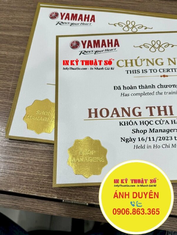 In chứng nhận Đã hoàn thành chương trình đào tạo Khóa học Cửa hàng trưởng - INKTS1496