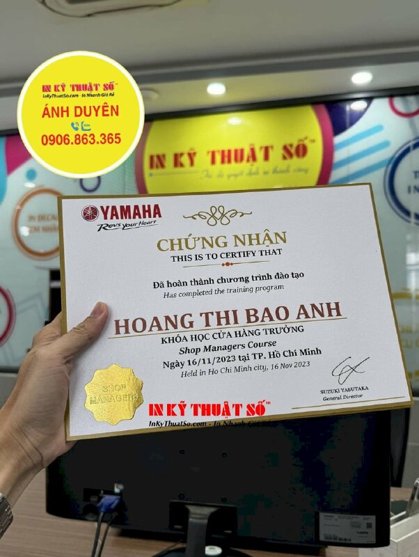 In chứng nhận Đã hoàn thành chương trình đào tạo Khóa học Cửa hàng trưởng - INKTS1496