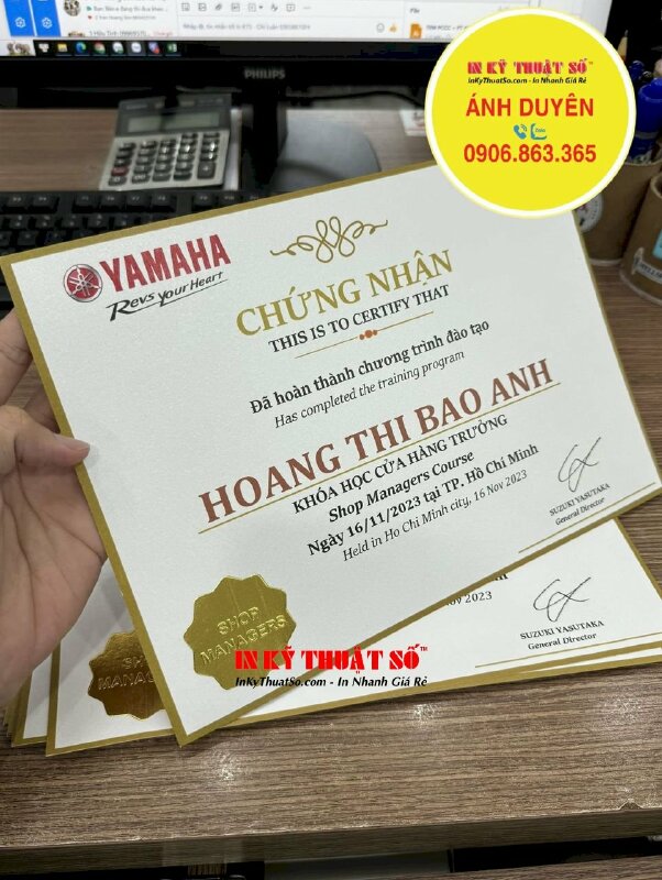 In chứng nhận Đã hoàn thành chương trình đào tạo Khóa học Cửa hàng trưởng - INKTS1496