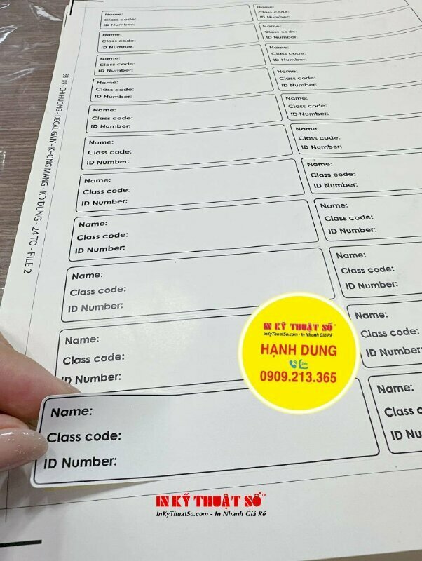 In Decal nhãn vở style basic tiếng Anh Name Class code ID Number