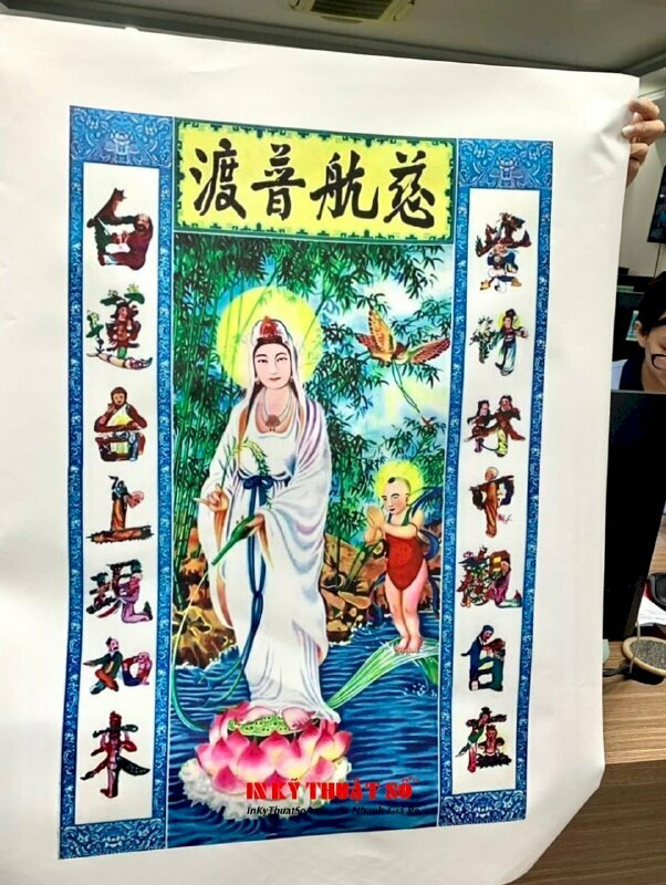 In tranh Canvas Tranh Phật Giáo Quan Âm treo thờ cúng Mẫu Quan Thế Âm Bồ Tát và Thiện Tài đồng tử