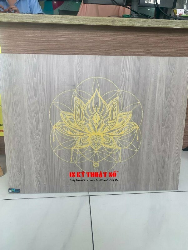 In UV lên gỗ họa tiết hình bông hoa Mandala Lotus cho phòng tập yoga, studio decor, trang trí nhà hang chay