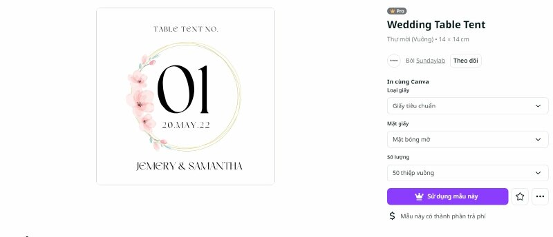 Mẫu Tent card tiệc cưới