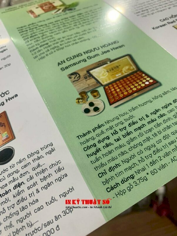 In tờ gập giới thiệu thực phẩm chức năng, in giấy C300gsm, in 2 mặt, gia công cấn 2 đường