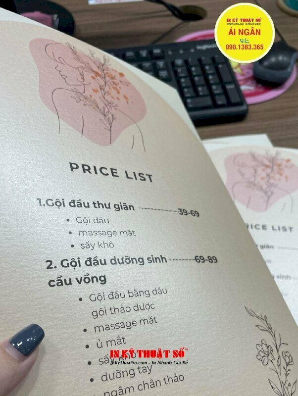 In menu Spa, bảng giá dịch vụ Spa kích thước chuẩn A4