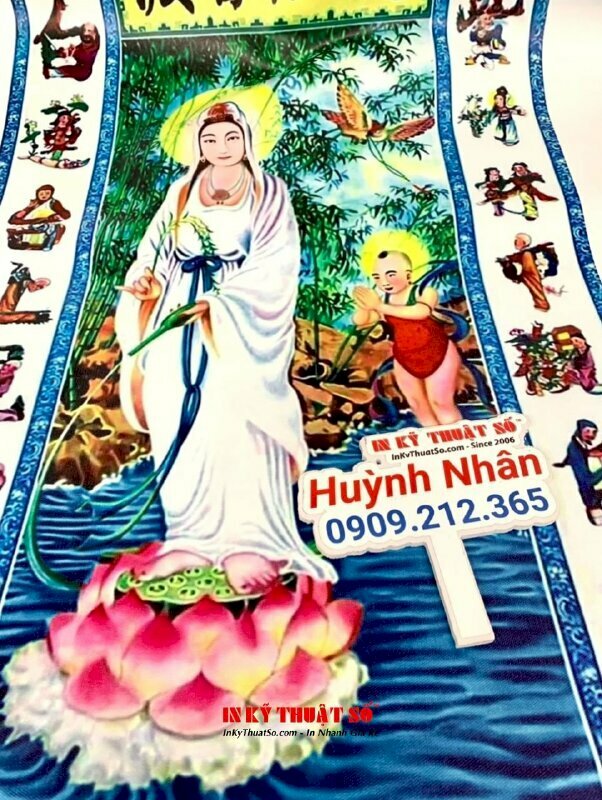 In tranh Phật Giáo hình Quán Thế Âm Bồ Tát và Thiện Tài Đồng Tử, hình ảnh in ấn sắc nét, rõ ràng, chất liệu canvas bền chắc, bám mực tốt