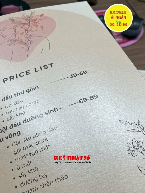 In bảng giá dịch vụ Spa khổ A4, in tờ lẻ menu Spa giấy mỹ thuật nhũ vàng - INKTS1625