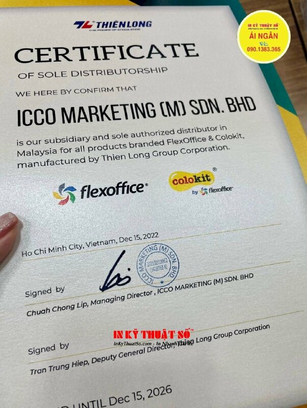 In giấy chứng nhận Nhà phân phối độc quyền bằng tiếng Anh Certificate of Sole Distributorship - INKTS1552