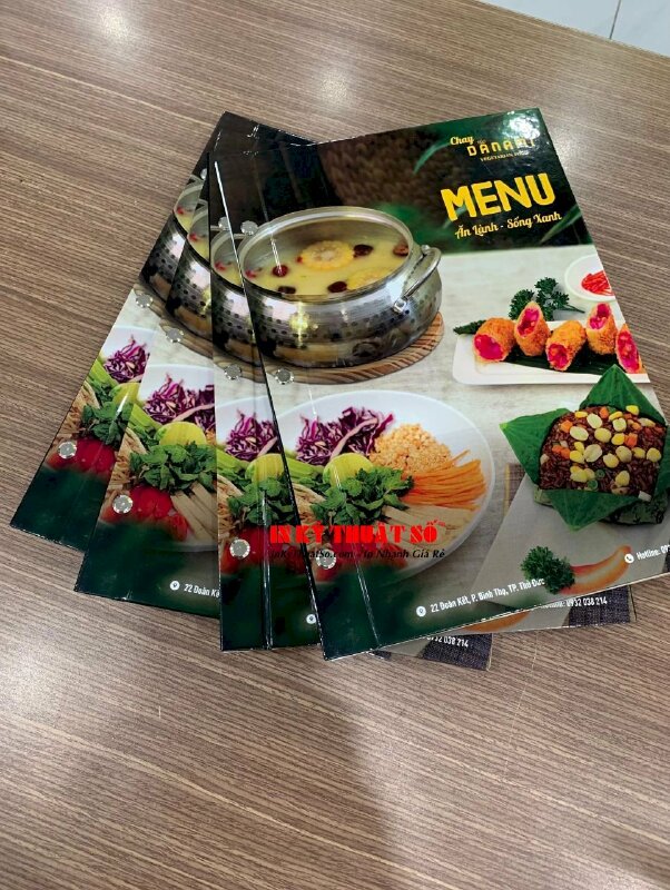 In menu nhà hàng chay, quyển menu giấy bìa bồi carton cán bóng đóng ghim inox - INKTS1553
