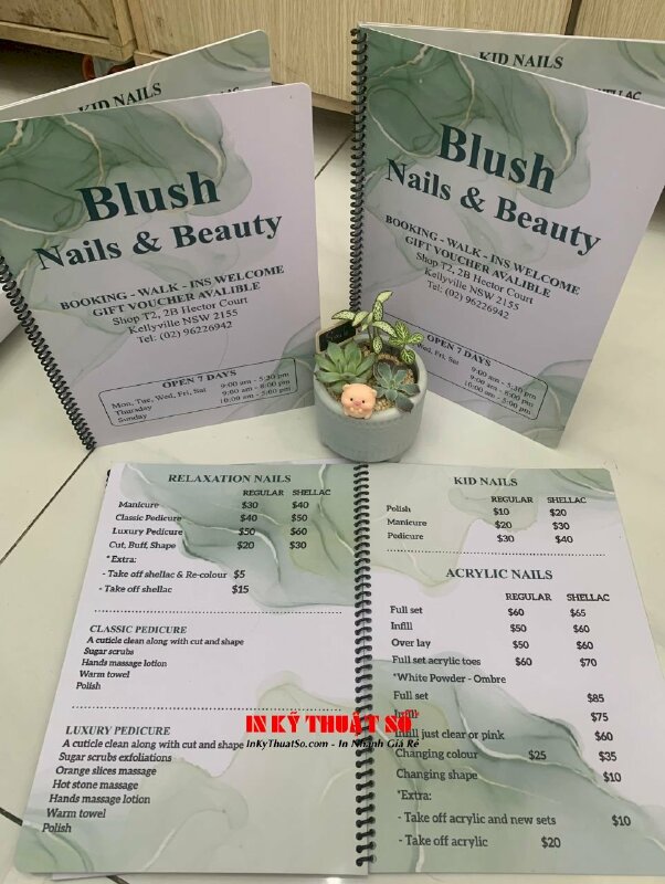 In menu nhựa gáy lò xo cho tiệm Nails & Beauty, hàng gửi đi Úc từ TPHCM - INKTS1626