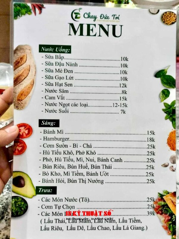 In menu thực đơn quán cơm chay, in menu tấm cầm tay ép plastic khổ A4 - INKTS1668