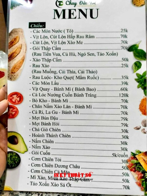 In menu thực đơn quán cơm chay, in menu tấm cầm tay ép plastic khổ A4 - INKTS1668