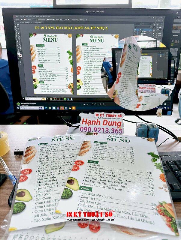 In menu thực đơn quán cơm chay, in menu tấm cầm tay ép plastic khổ A4 - INKTS1668