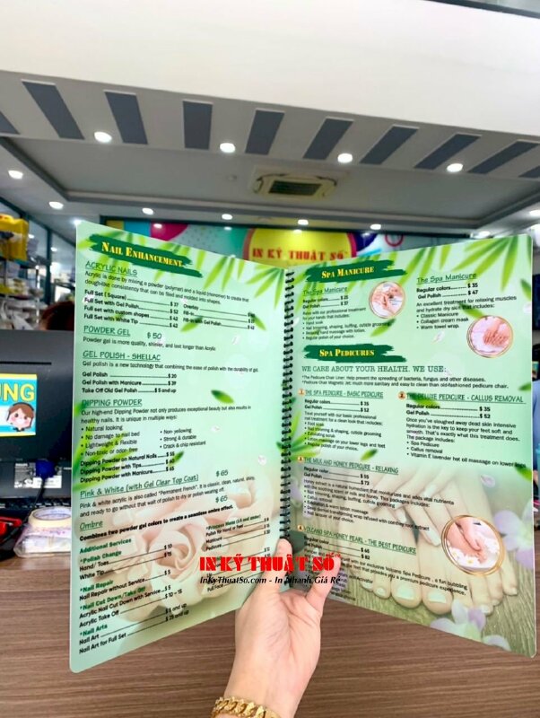 In menu tiệm Nail bằng tiếng Anh, menu nhựa cao cấp, gáy lò xo, hàng gửi đi Mỹ từ TPHCM - INKTS1538