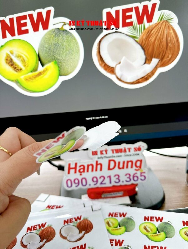 In tem nhãn sticker trái cây, sticker dưa lưới, sticker dừa sáp từ Decal sữa, bế theo viền - INKTS1669