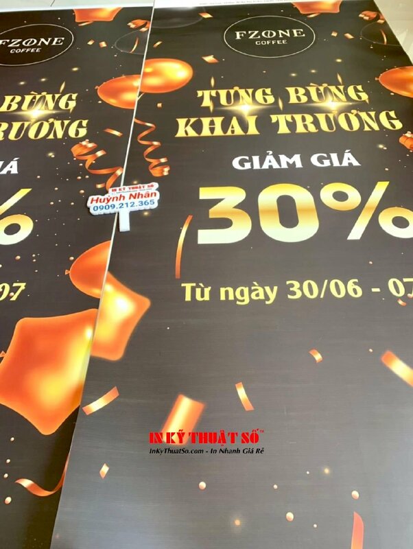 In banner tưng bừng khai trương quán cafe, in Poster PP cán mờ lắp sẵn vào banner cuốn - INKTS1718