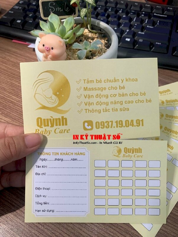 In card dịch vụ Baby Care tắm bé, massage cho bé, mặt trước name card, mặt sau thông tin khách hàng có ô tích lần sử dụng liệu trình - INKTS1712