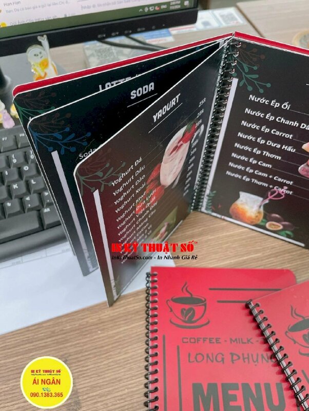 In menu cho quán cafe, menu bằng nhựa PVC dày in 2 mặt, cán mờ chống nước, lò xo sắt dễ lật mở - INKTS1751