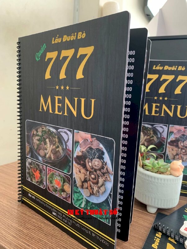 In menu quán lẩu đuôi bò, menu nhựa dày, đóng gáy lò xo đen - INKTS1756