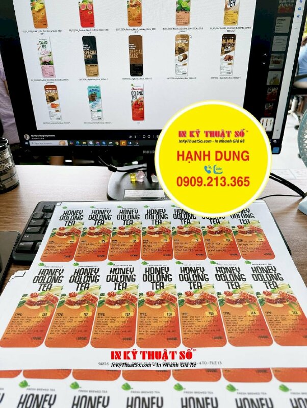 In tem nhãn dán chai sản phẩm trà, cafe sữa đóng chai 1000ml bỏ tủ mát (ngâm nước) không bị lem mực in - INKTS1809