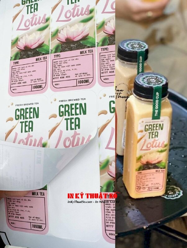 In tem nhãn dán chai sản phẩm trà, cafe sữa đóng chai 1000ml bỏ tủ mát (ngâm nước) không bị lem mực in - INKTS1809